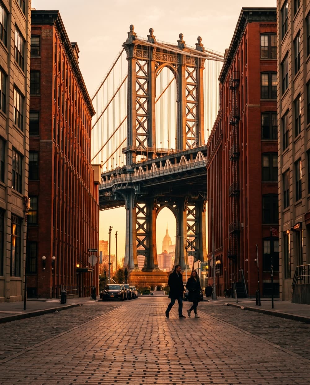 Il ponte di Manhattan incorniciato tra i palazzi di mattoni di DUMBO, Brooklyn